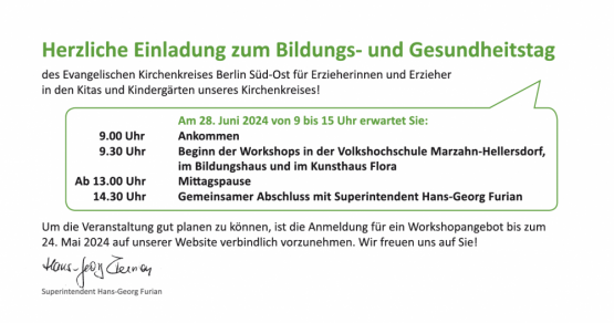 Herzliche Einladung zum Bildungs- und Gesundheitstag des Evangelischen Kirchenkreises Berlin Süd-Ost für Erzieherinnen und Erzieher in den Kitas und Kindergärten unseres Kirchenkreises!