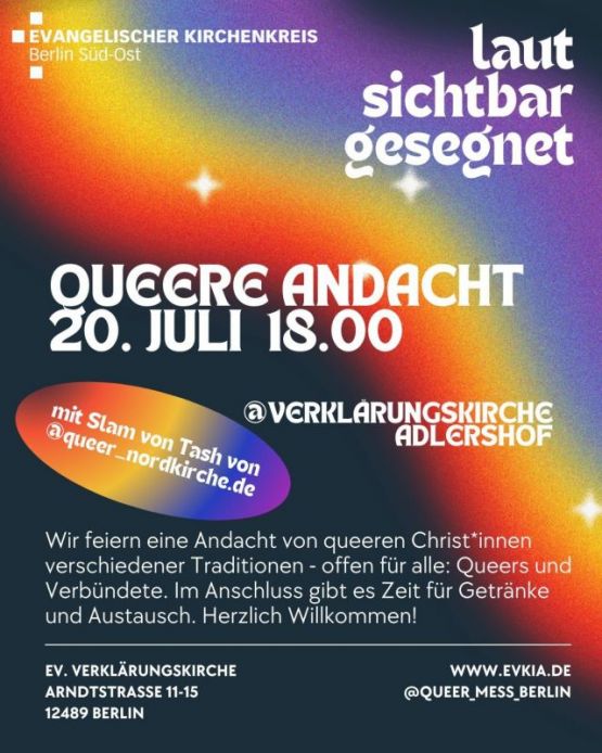 Queere Andacht am 20. Juli 2025 um 18 Uhr in der Verklärungskirche Adlershof