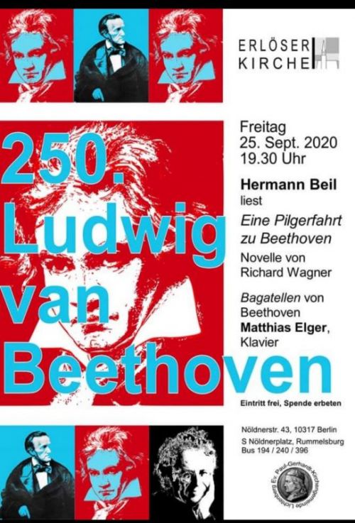 Hermann Beil liest „Eine Pilgerfahrt zu Beethoven“ │ Matthias Elger, Klavier │ Erlöserkirche │ 25. Sep. 2020 19.30 Uhr