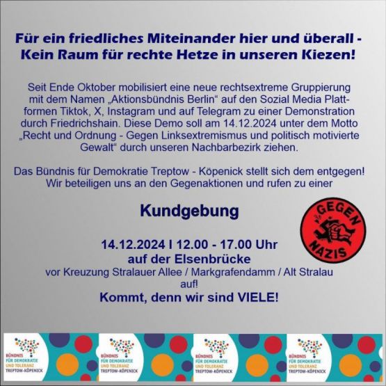 "Kommt, denn wir sind VIELE!" – Kundgebung am 14.12.2024 | 12.00 - 17.00 Uhr auf der Elsenbrücke vor Kreuzung Stralauer Allee / Markgrafendamm / Alt Stralau