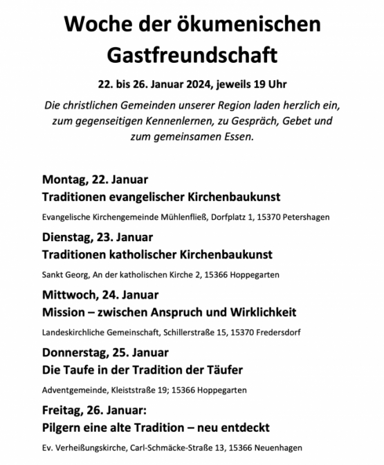 Evangelische Kirchengemeinde Mühlenfließ: Woche der ökumenischen Gastfreundschaft vom 22. bis 26. Januar 2024, jeweils 19 Uhr