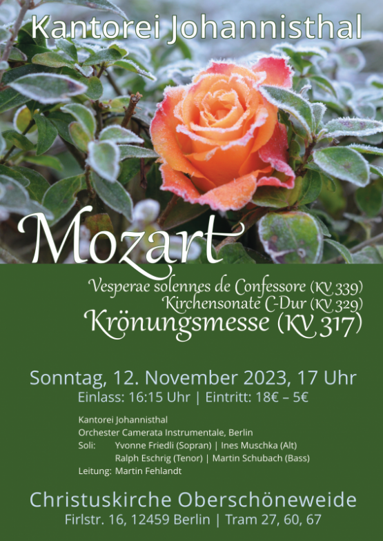 Kantorei Johannisthal – Mozart, Krönungsmesse (KV 317) am Sonntag, 12. November 2023, 17 Uhr in der Christuskirche Oberschöneweide