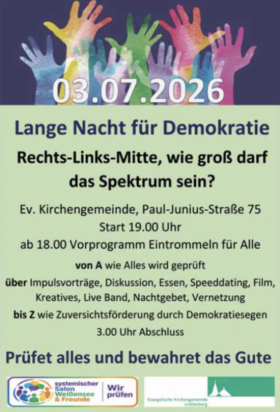 Evangelische Kirchengemeinde Lichtenberg: Lange Nacht für Demokratie am 3. Juli 2026 von 19 bis 3 Uhr! Paul-Junius-Straße 75