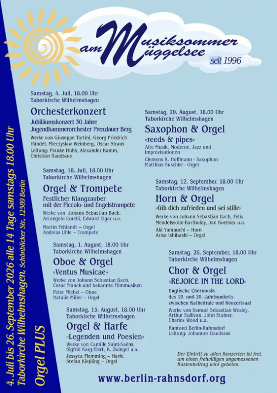 Musiksommer am Müggelsee – 4. Juli bis 26. September 2026 alle 14 Tage samstags 18 Uhr in der Taborkirche Wilhelmshagen