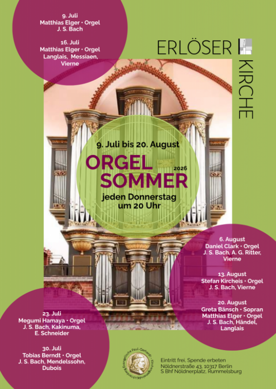 Orgelsommer in der Erlöserkirche vom 9. Juli bis zum 20. August 2026