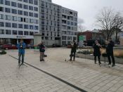 Musikalischer Ostergruß in Alten- und Pflegeheimen – Ökumenische Aktion des Posaunendienstes der EKBO, hier auf dem Gelände der Evangelischen Elisabeth Klinik in Berlin-Mitte. Foto: Cornelia Ewald