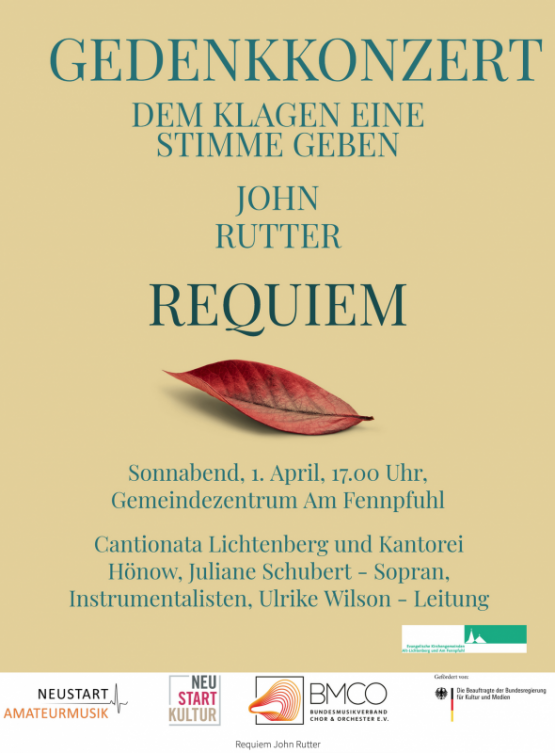Requiem von John Rutter am Sonnabend, 1. April 2023, 17 Uhr im Gemeindezentrum Am Fennpfuhl: Cantionata Lichtenberg und Kantorei Honow, Juliane Schubert – Sopran, Instrumentalisten, Ulrike Wilson – Leitung