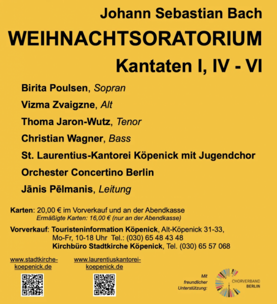St. Laurentius-Kantorei KÖPENICK: Bach WEIHNACHTSORATORIUM Kantaten I, IV – VI: KATH. KIRCHE ST. ANTONIUS, Roedernstraße 2, 12459 Berlin-Oberschöneweide, Sonntag, 21. DEZEMBER 2025, 17 Uhr