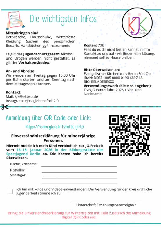 Der KreisjugendKonvent Berlin Süd-Ost präsentiert: "ALLES NEU" WINTERFREIZEIT – 16. bis 18. Januar 2026, Bildungsstätte der Sportjugend Berlin, Hanns-Braun-Straße, Haus 27, 14053 Berlin, jetzt anmelden!