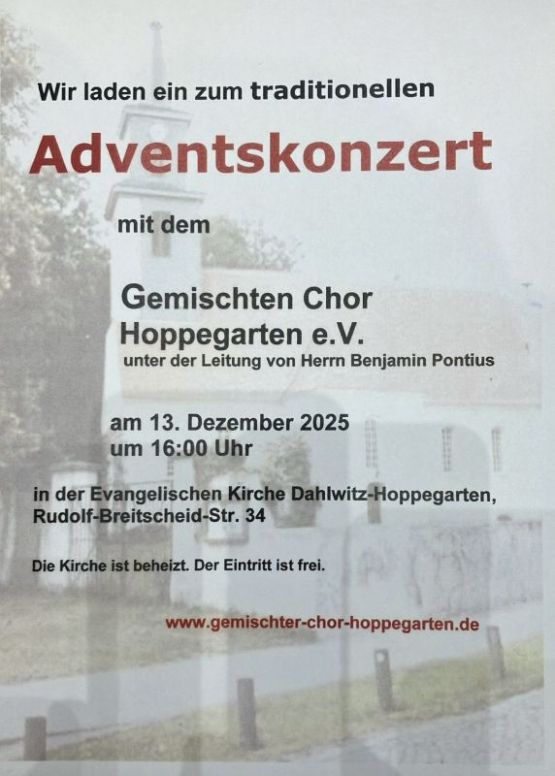 Adventskonzert mit dem Gemischten Chor Hoppegarten e.V. am 13. Dezember 2025 um 16 Uhr in der Evangelischen Kirche Dahlwitz-Hoppegarten